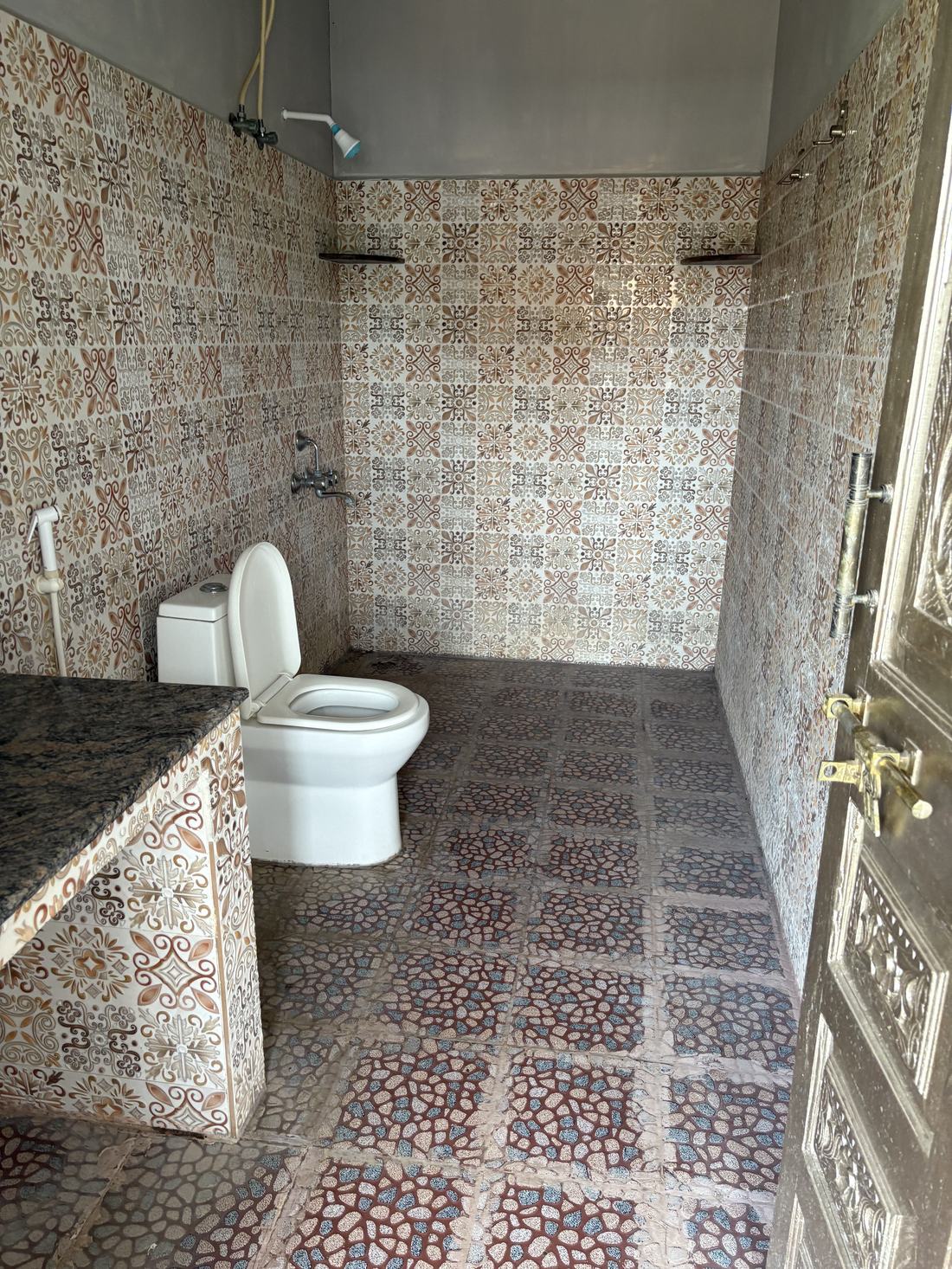 Shambhala dormitory F11, Art Le Cafe Auroville — bathroom with toilet and shower