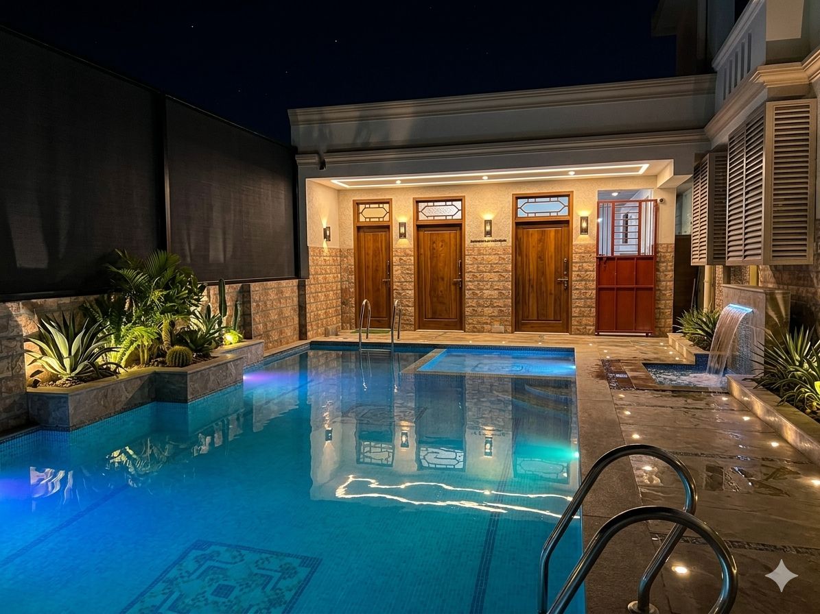Swimming pool at Art Le Cafe, Auroville, lit up at night
