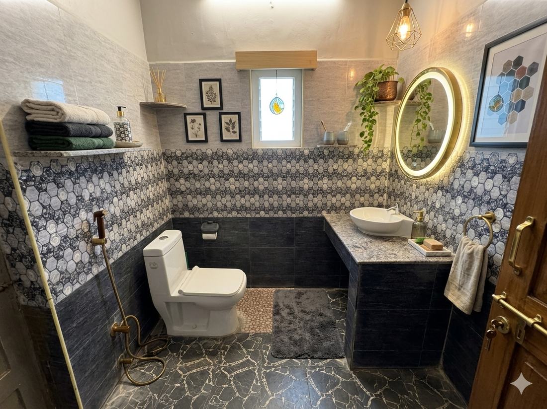 Utopia room F13, Art Le Cafe Auroville — bathroom with sink and mirror