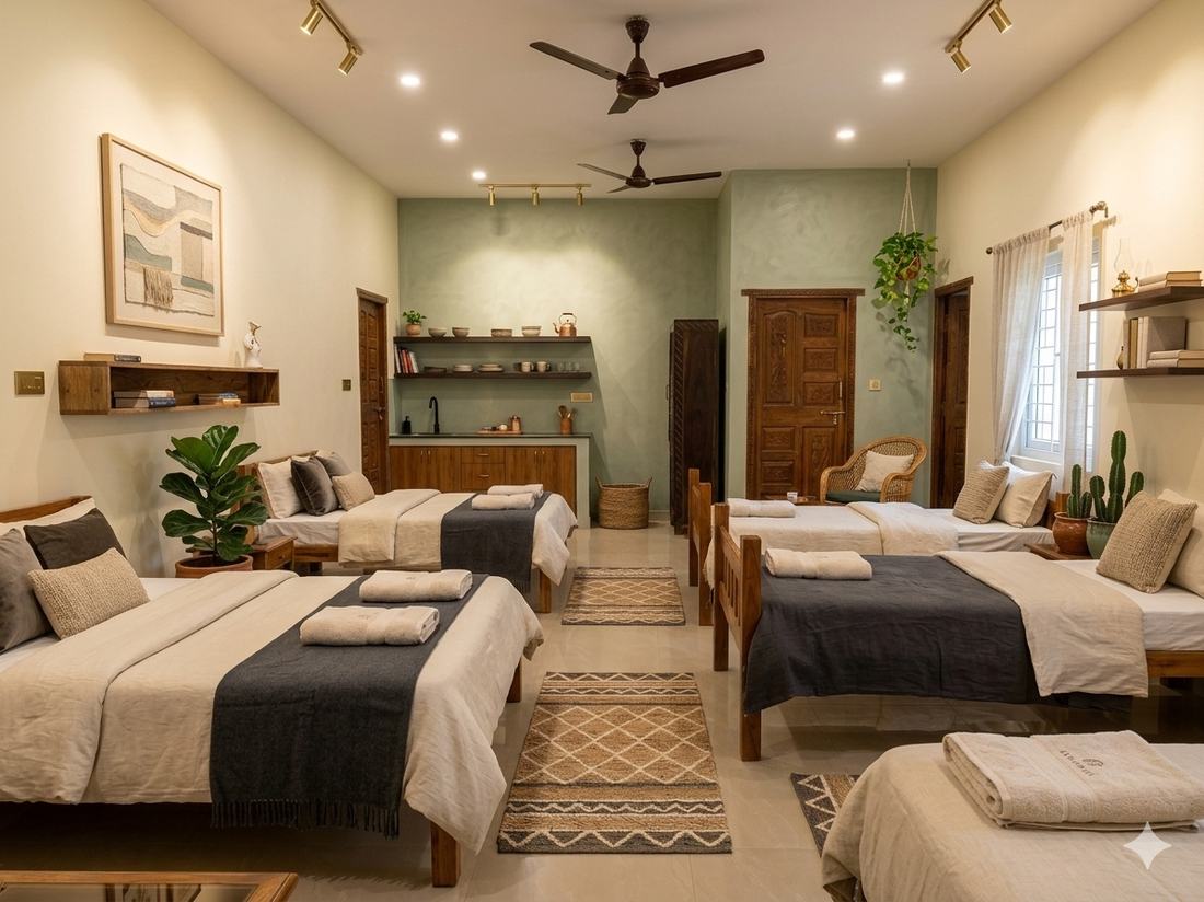 Aphrodite room S15, Art Le Cafe Auroville — staged bedroom rendering