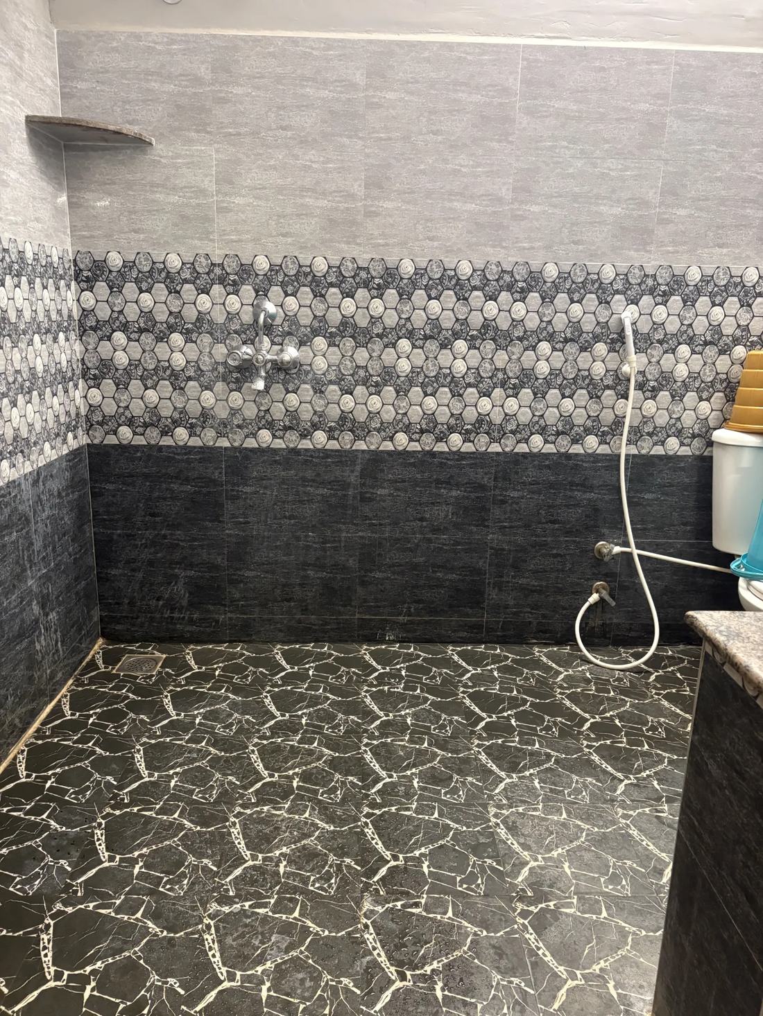 Aphrodite room S15, Art Le Cafe Auroville — bathroom shower area